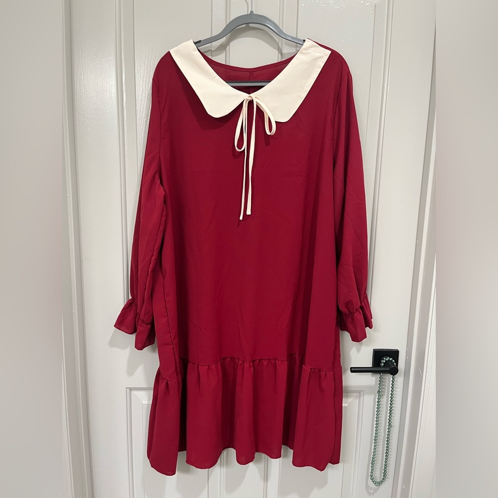 2XL SHEIN Curve Peter Pan Collar Smock Dress in Burgundy